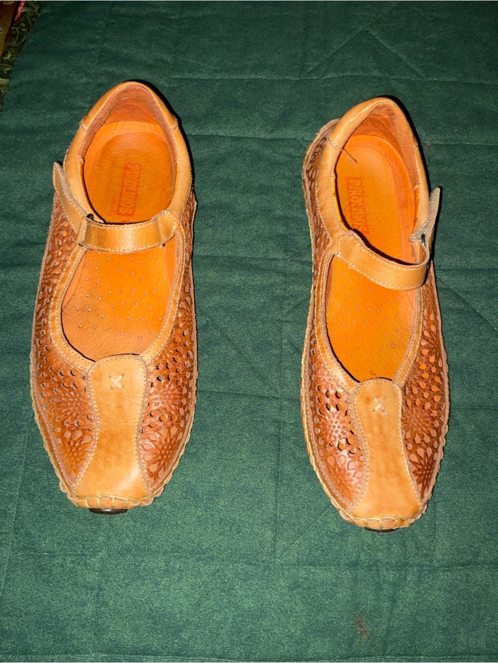 PIKOLINOS Puerto Vallarta Leather Perforated Mary Jane Flats Tan Boho Size 36